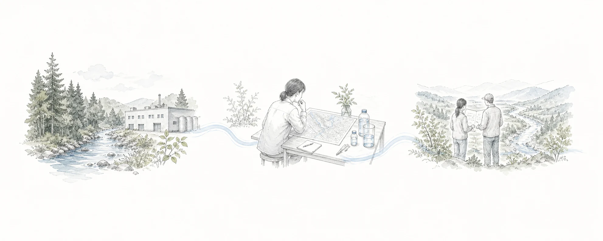 水の利用環境を把握し、評価と対話につなげる概念イラスト（AI生成）