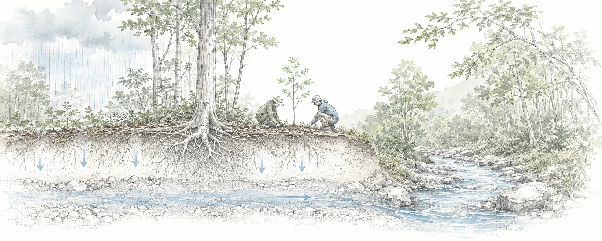 森林に降る雨と土壌への浸透、地下水と川のつながりを描いた概念イラスト(AI生成)