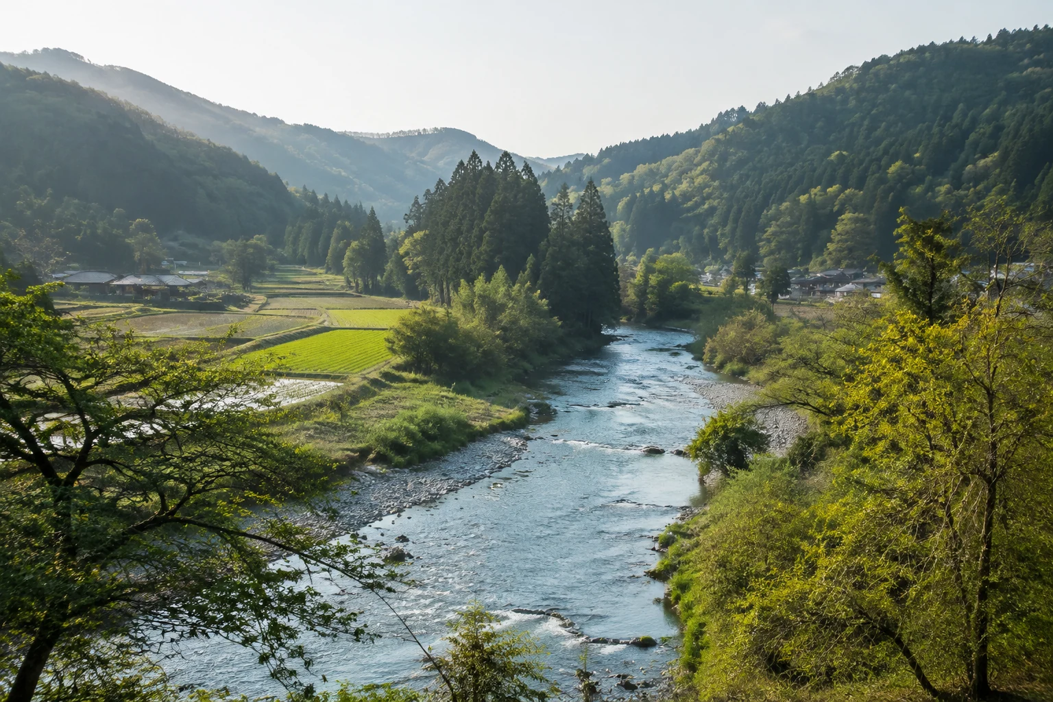 川と森林、田畑と集落がつながる風景のイメージ（AI生成）
