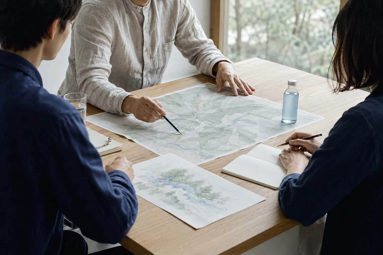 地図を囲んで水と自然の戦略を話し合うイメージ（AI生成）