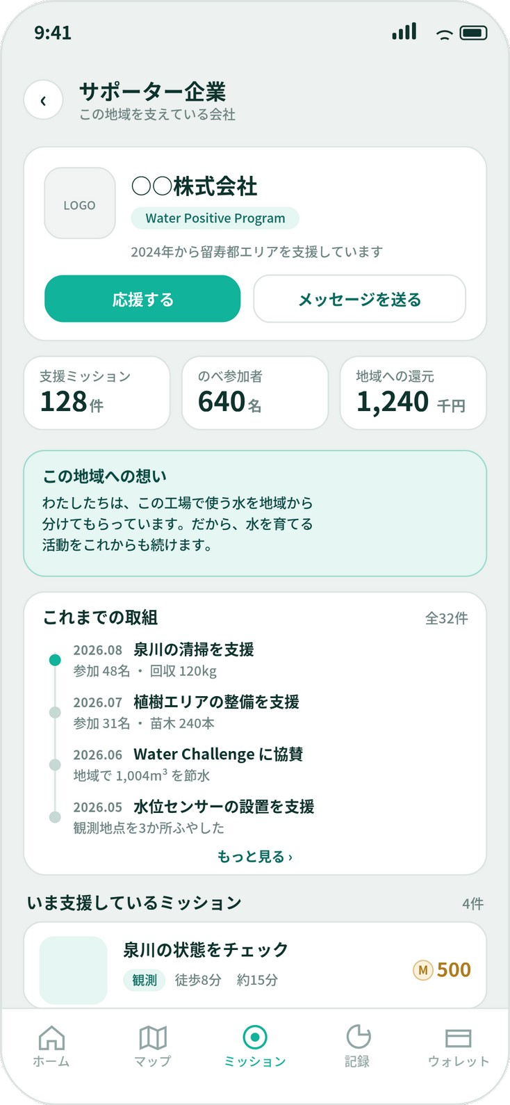 MEGURUのサポーター企業ページのサンプル。企業の地域への想いと継続的な支援履歴