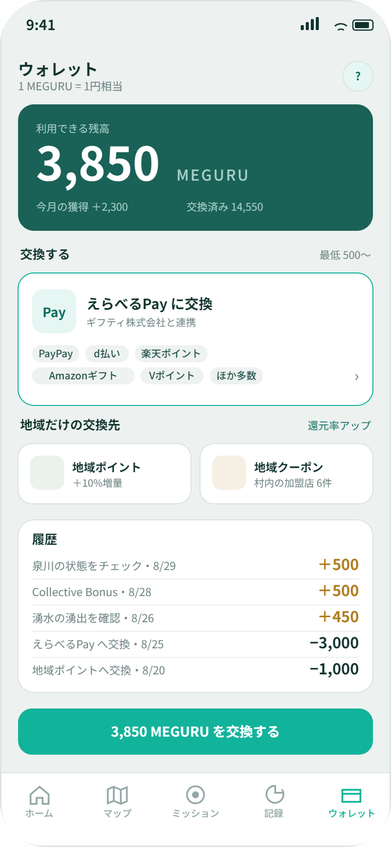 MEGURUのウォレットのサンプル画面。報酬残高、活動履歴と将来構想の交換先