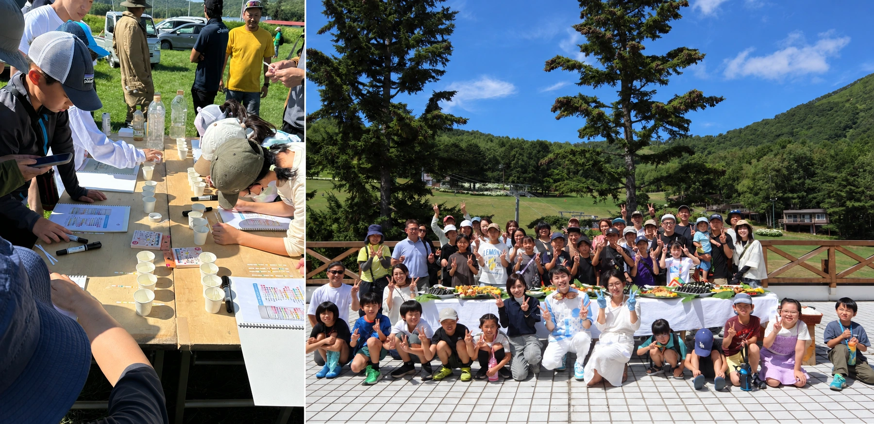 屋外で水の実験に取り組む様子と、参加者の集合写真を組み合わせた画像
